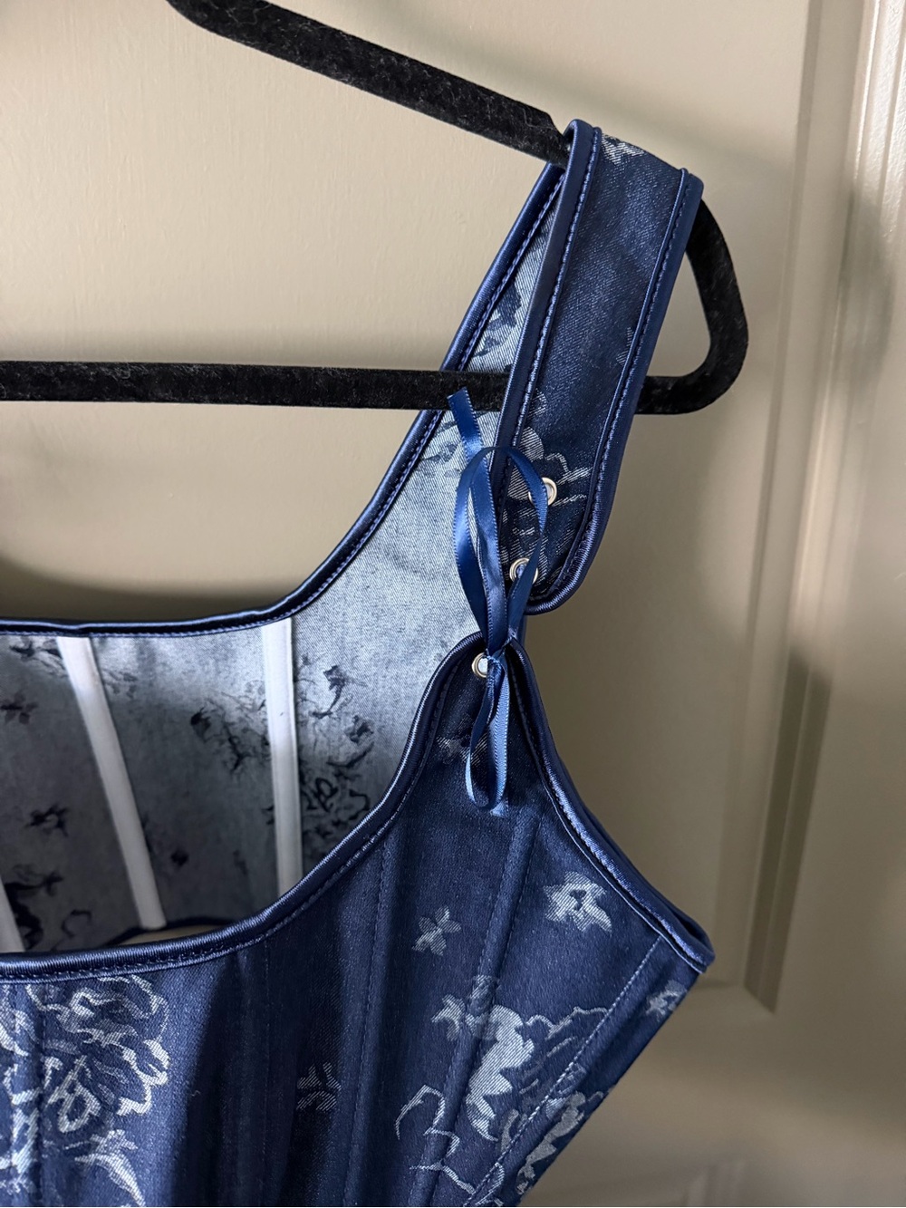 Handmade Navy Blue Corset Top, Renaissance Overbust, Front Lace Bustier - Picture 6 of 16